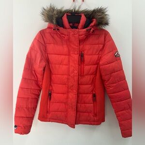 Superdry Women’s Fuji Orange Quilted Puffer Jacket with Faux Fur Trim Size M